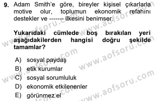 İşletmelerde Sosyal Sorumluluk Ve Etik Dersi 2021 - 2022 Yılı Yaz Okulu Sınav Soruları 9. Soru