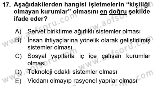 İşletmelerde Sosyal Sorumluluk Ve Etik Dersi 2022 - 2023 Yılı (Vize) Ara Sınavı 17. Soru