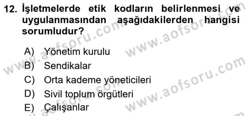 İşletmelerde Sosyal Sorumluluk Ve Etik Dersi 2022 - 2023 Yılı (Final) Dönem Sonu Sınav Soruları 12. Soru