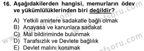 Kamu Yönetimi Dersi 2012 - 2013 Yılı (Final) Dönem Sonu Sınav Soruları 16. Soru