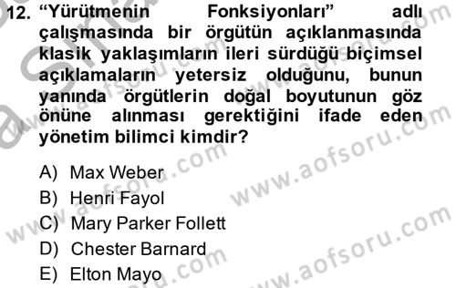 Kamu Yönetimi Dersi 2013 - 2014 Yılı (Vize) Ara Sınav Soruları 12. Soru