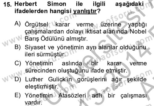 Kamu Yönetimi Dersi 2013 - 2014 Yılı (Vize) Ara Sınav Soruları 15. Soru