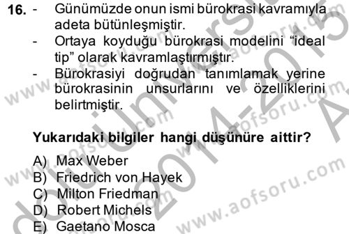 Kamu Yönetimi Dersi 2014 - 2015 Yılı (Vize) Ara Sınav Soruları 16. Soru