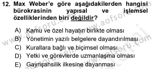 Kamu Yönetimi Dersi 2015 - 2016 Yılı (Vize) Ara Sınav Soruları 12. Soru
