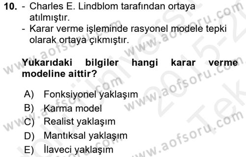 Kamu Yönetimi Dersi 2015 - 2016 Yılı Tek Ders Sınav Soruları 10. Soru