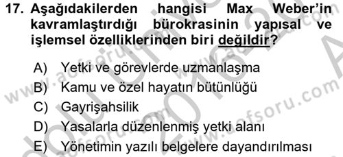 Kamu Yönetimi Dersi 2016 - 2017 Yılı (Vize) Ara Sınav Soruları 17. Soru
