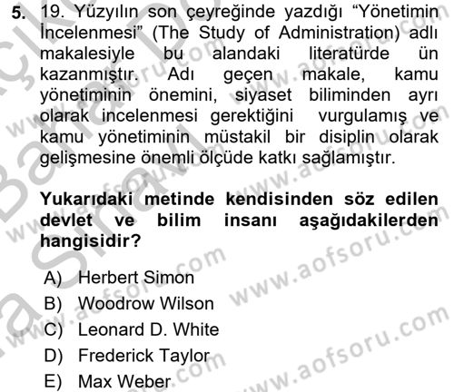 Kamu Yönetimi Dersi 2016 - 2017 Yılı (Vize) Ara Sınav Soruları 5. Soru