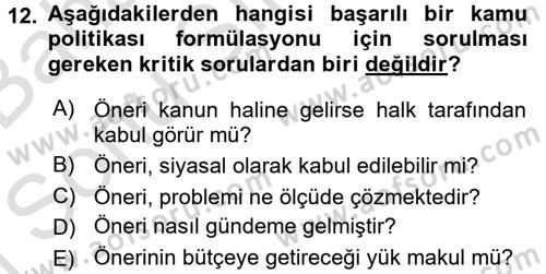 Kamu Yönetimi Dersi 2016 - 2017 Yılı (Final) Dönem Sonu Sınav Soruları 12. Soru
