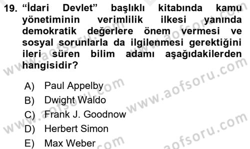 Kamu Yönetimi Dersi 2017 - 2018 Yılı (Vize) Ara Sınav Soruları 19. Soru