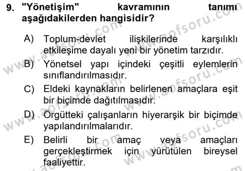 Kamu Yönetimi Dersi 2018 - 2019 Yılı Yaz Okulu Sınav Soruları 9. Soru
