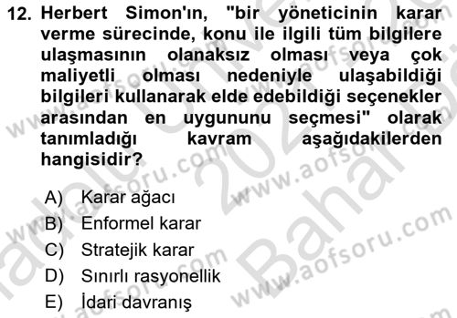 Kamu Yönetimi Dersi 2021 - 2022 Yılı (Vize) Ara Sınav Soruları 12. Soru
