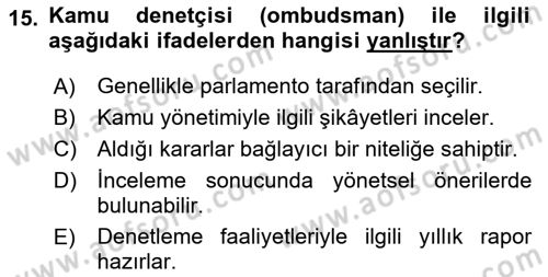 Kamu Yönetimi Dersi 2021 - 2022 Yılı Yaz Okulu Sınav Soruları 15. Soru