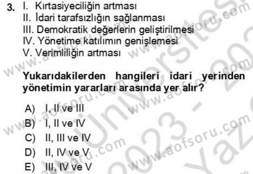 Kamu Yönetimi Dersi 2023 - 2024 Yılı Yaz Okulu Sınav Soruları 3. Soru