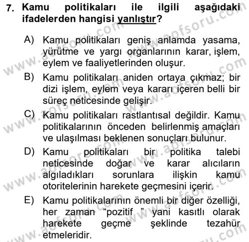 Kamu Yönetimi Dersi 2025 - 2026 Yılı (Final) Dönem Sonu Sınav Soruları 7. Soru