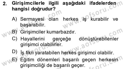 Girişimcilik ve İş Kurma Dersi Ara Sınavı Deneme Sınav Soruları 2. Soru