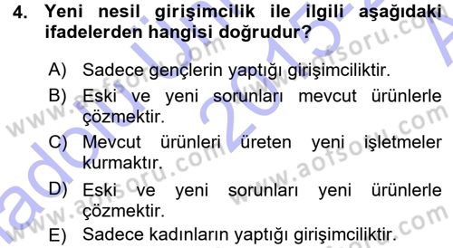 Girişimcilik ve İş Kurma Dersi Ara Sınavı Deneme Sınav Soruları 4. Soru