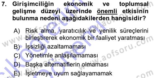 Girişimcilik ve İş Kurma Dersi 2015 - 2016 Yılı (Vize) Ara Sınav Soruları 7. Soru