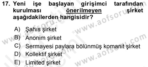 Girişimcilik ve İş Kurma Dersi 2015 - 2016 Yılı Tek Ders Sınav Soruları 17. Soru