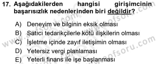 Girişimcilik ve İş Kurma Dersi 2017 - 2018 Yılı (Final) Dönem Sonu Sınav Soruları 17. Soru