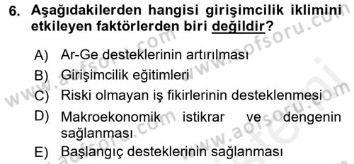 Girişimcilik ve İş Kurma Dersi 2018 - 2019 Yılı (Final) Dönem Sonu Sınav Soruları 6. Soru