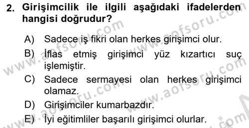 Girişimcilik ve İş Kurma Dersi Ara Sınavı Deneme Sınav Soruları 2. Soru