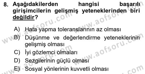 Girişimcilik ve İş Kurma Dersi Ara Sınavı Deneme Sınav Soruları 8. Soru