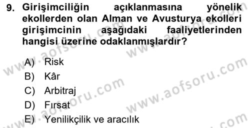 Girişimcilik ve İş Kurma Dersi Ara Sınavı Deneme Sınav Soruları 9. Soru