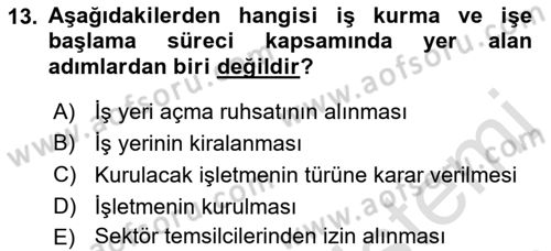 Girişimcilik ve İş Kurma Dersi 2019 - 2020 Yılı (Final) Dönem Sonu Sınav Soruları 13. Soru