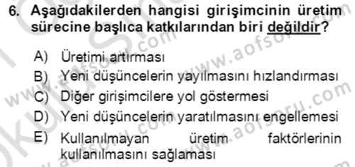 Girişimcilik ve İş Kurma Dersi 2020 - 2021 Yılı Yaz Okulu Sınav Soruları 6. Soru