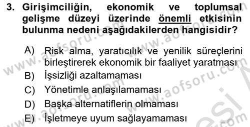 Girişimcilik ve İş Kurma Dersi 2021 - 2022 Yılı Yaz Okulu Sınav Soruları 3. Soru