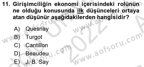 Girişimcilik ve İş Kurma Dersi 2022 - 2023 Yılı (Vize) Ara Sınavı 11. Soru