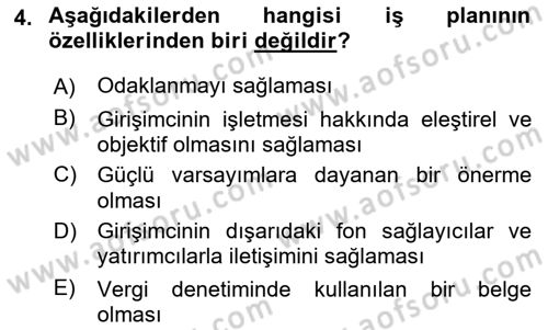 Girişimcilik ve İş Kurma Dersi 2022 - 2023 Yılı (Vize) Ara Sınavı 4. Soru