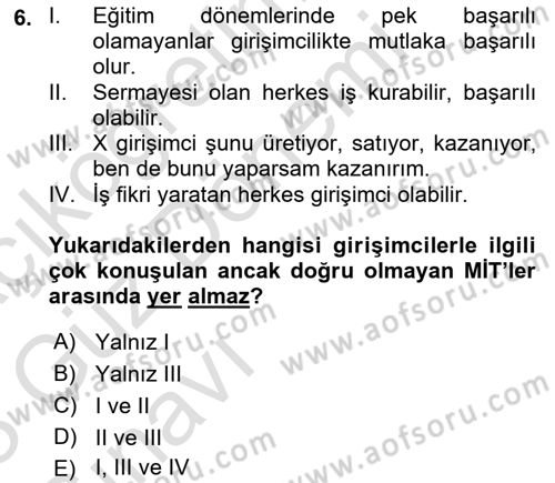 Girişimcilik ve İş Kurma Dersi 2022 - 2023 Yılı (Vize) Ara Sınavı 6. Soru