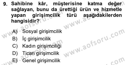 Girişimcilik ve İş Kurma Dersi 2022 - 2023 Yılı (Vize) Ara Sınavı 9. Soru