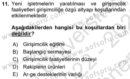 Girişimcilik ve İş Kurma Dersi 2022 - 2023 Yılı (Final) Dönem Sonu Sınav Soruları 11. Soru