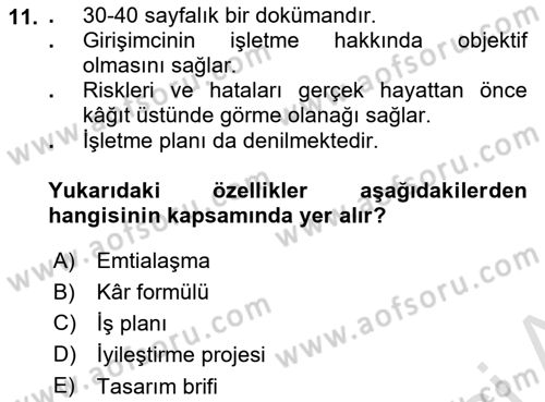 Girişimcilik ve İş Kurma Dersi 2023 - 2024 Yılı (Vize) Ara Sınavı 11. Soru