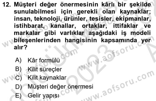 Girişimcilik ve İş Kurma Dersi 2023 - 2024 Yılı (Vize) Ara Sınavı 12. Soru