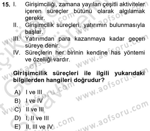 Girişimcilik ve İş Kurma Dersi 2023 - 2024 Yılı (Vize) Ara Sınavı 15. Soru