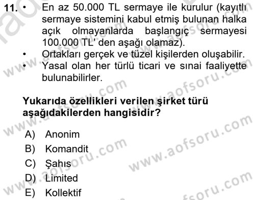 Girişimcilik ve İş Kurma Dersi 2023 - 2024 Yılı (Final) Dönem Sonu Sınav Soruları 11. Soru