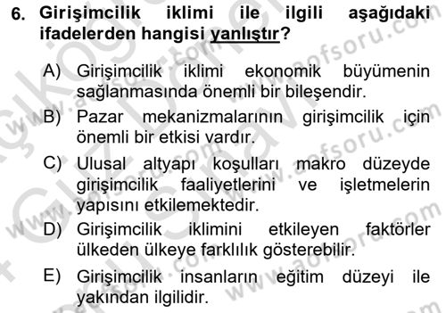 Girişimcilik ve İş Kurma Dersi 2023 - 2024 Yılı (Final) Dönem Sonu Sınav Soruları 6. Soru