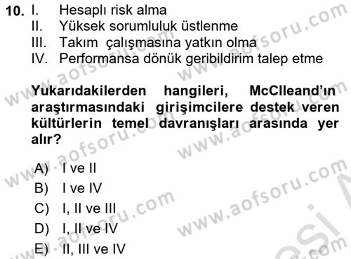 Girişimcilik ve İş Kurma Dersi 2023 - 2024 Yılı Yaz Okulu Sınavı 10. Soru