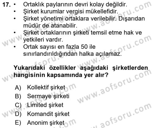 Girişimcilik ve İş Kurma Dersi 2023 - 2024 Yılı Yaz Okulu Sınavı 17. Soru