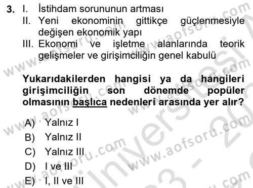 Girişimcilik ve İş Kurma Dersi 2023 - 2024 Yılı Yaz Okulu Sınav Soruları 3. Soru