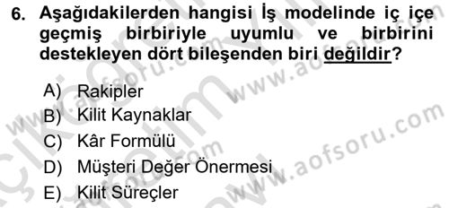 Girişimcilik ve İş Kurma Dersi 2023 - 2024 Yılı Yaz Okulu Sınavı 6. Soru