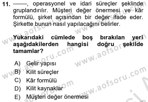 Girişimcilik ve İş Kurma Dersi Ara Sınavı Deneme Sınav Soruları 11. Soru