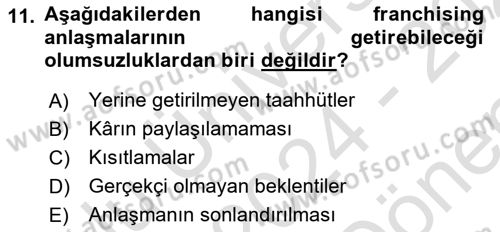 Girişimcilik ve İş Kurma Dersi 2024 - 2025 Yılı (Final) Dönem Sonu Sınav Soruları 11. Soru