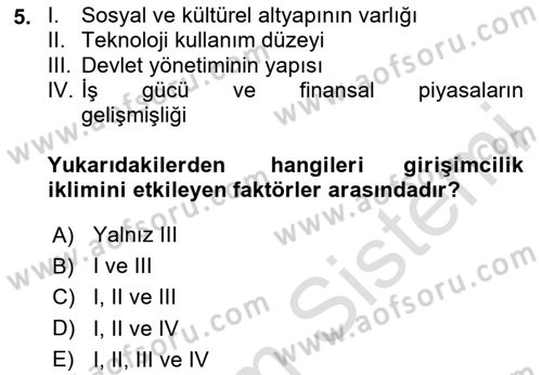 Girişimcilik ve İş Kurma Dersi 2024 - 2025 Yılı (Final) Dönem Sonu Sınav Soruları 5. Soru