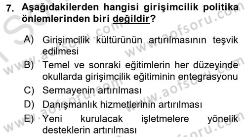 Girişimcilik ve İş Kurma Dersi 2024 - 2025 Yılı (Final) Dönem Sonu Sınav Soruları 7. Soru