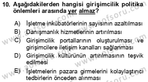 Girişimcilik ve İş Kurma Dersi 2024 - 2025 Yılı Yaz Okulu Sınav Soruları 10. Soru