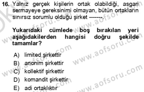 Girişimcilik ve İş Kurma Dersi 2024 - 2025 Yılı Yaz Okulu Sınav Soruları 16. Soru